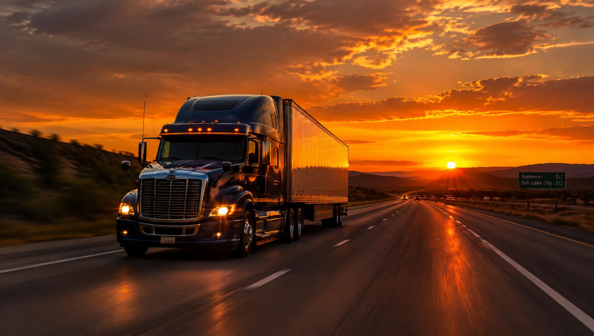Semi truck on the highway at sunset
